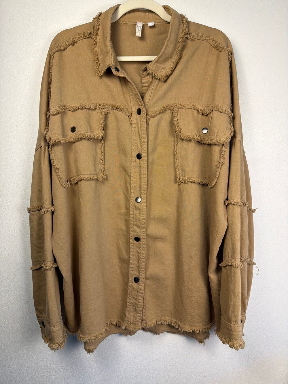 Elan Distressed Raw Edge Fringed 'Rock & Roll' Shacket Tan Camel | Size Large